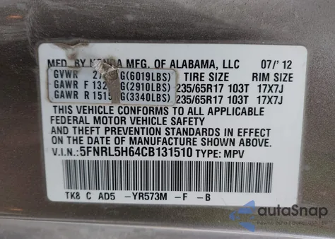 2012 Honda Odyssey Ex-L z USA, uszkodzony, nr VIN 5FNRL5H64CB131510